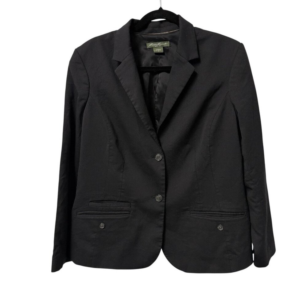 EDDIE BAUER BLAZER WOOL BLACK LINED WOMENS 16 POCKETS CAREER OFFICE 2 BUTTON